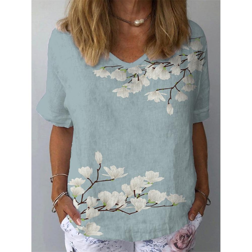 Summer V-neck 3D Floral Pattern Printed Top Fashionable Casual Short Sleeved Women's T-shirts