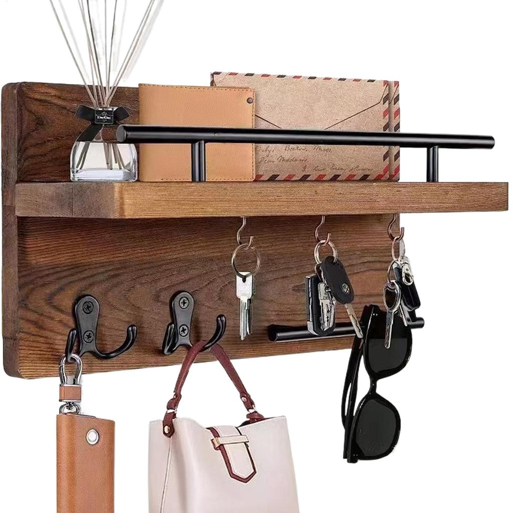 Wall Mounted Key Holder Wooden Retro Decorative Hanger with Floating Shelf Hook for Coat Mail Entryway Home Hat Backpack