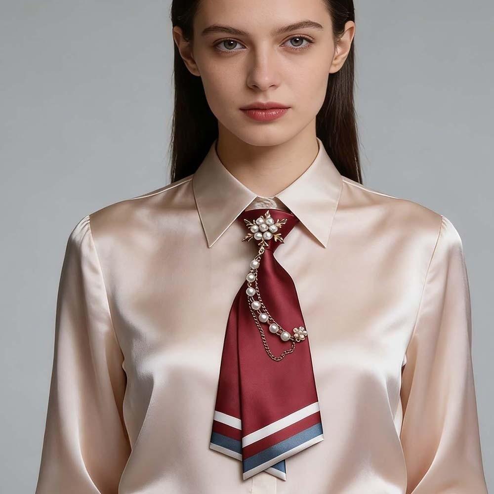 Pearl Chain Decoration Double Layer Necktie Satin Material Satin Neck Accessory  Shirt Accessory