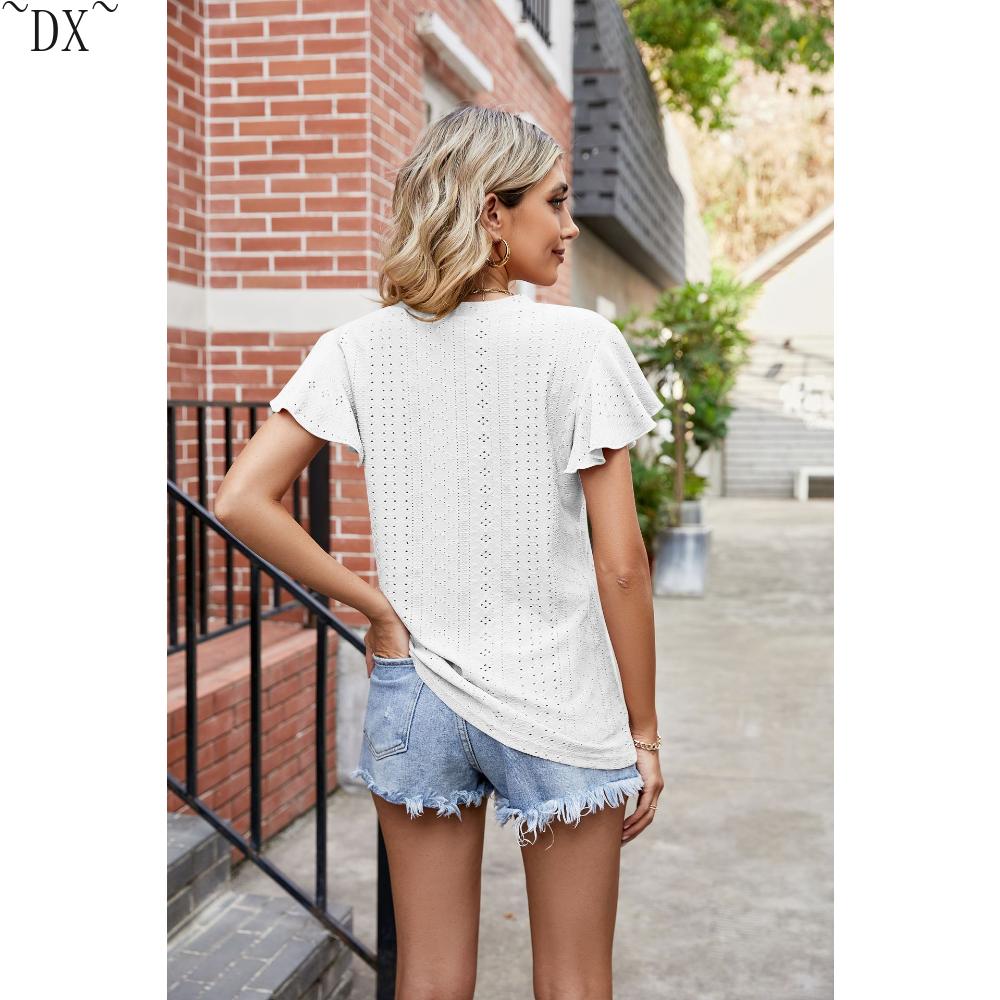 DX~~Summer New Solid Color Double Sleeve V-Neck Loose Short Sleeve T-shirt Top