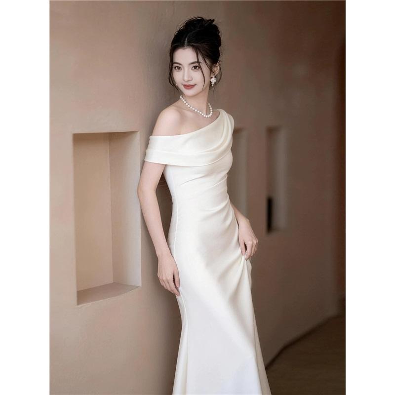 High Shine Satin Floor Length Formal Dress Ladies Off Shoulder Fold Collar Mermaid Evening Wedding Gown
