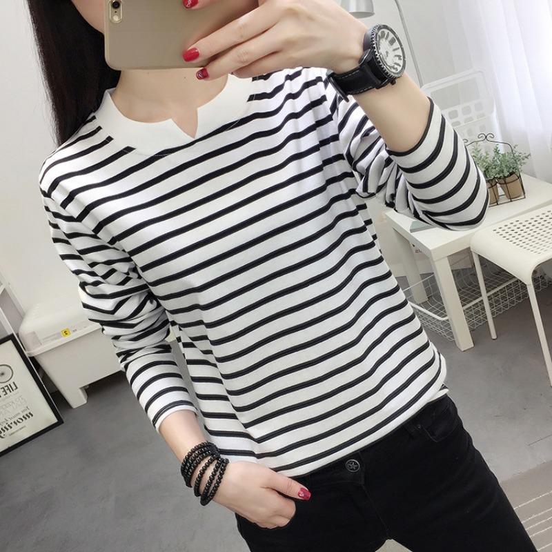 Extra Fat and Loose Long-sleeved Autumn Striped Bottoming Shirt Combed Cotton