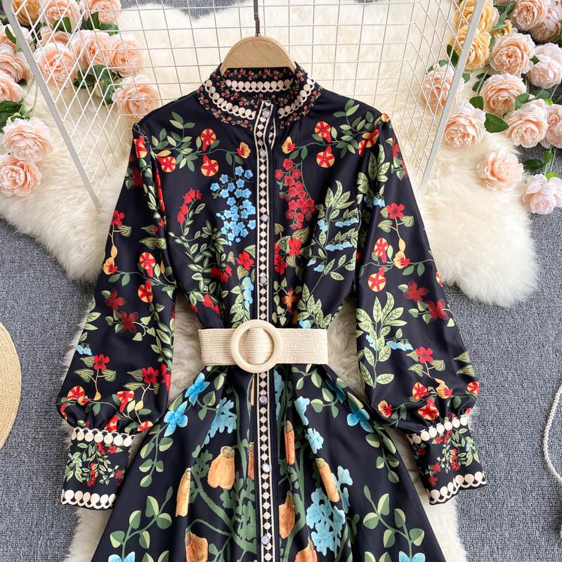 Autumn Sashes Flower Print Long Sleeve Dresses Women Button Vintage Maxi Dress Stand Collar Slim Waist Vestidos