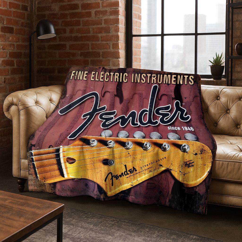 Fashion Fender Logo Guitar Music Instruments Art Flannel Blanket,Cozy Soft Throw Blanket for Home Bedroom Bed Sofa Cover Gift