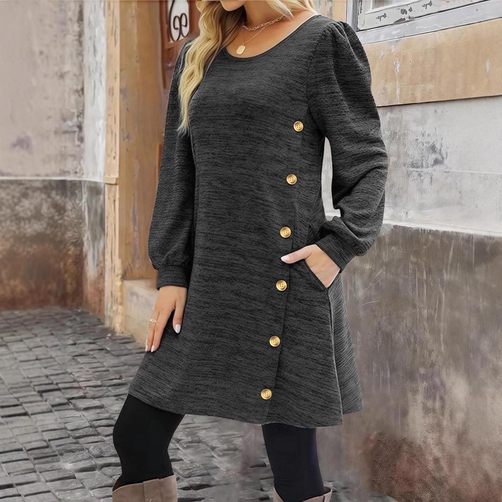 2025 Women's Solid Color Crew Neck Long Sleeve Dress with Pockets and Buttons