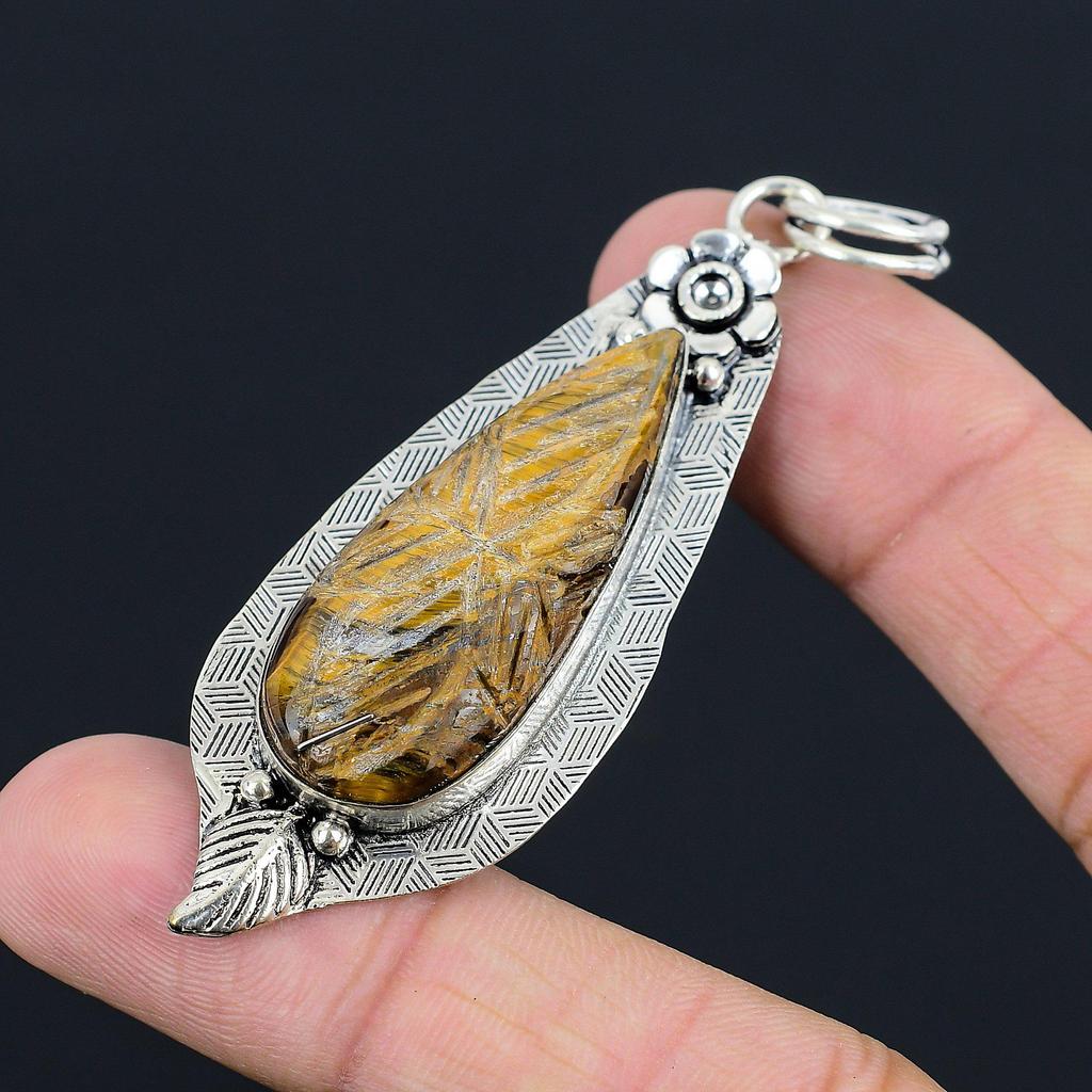 Easter Deal Carved Tiger Eye Stone Sterling Silver Artisan Handmade Wife Pendant