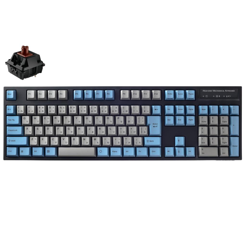 LEOPOLD FC900RBT ŠEDOMODRÁ Japonské rozložení Kana Ari Plných 108 kláves Spínače kláves kompatibilní s hot swap Napájení bateriemi AAA Hnědé osy CHERRY MX2A