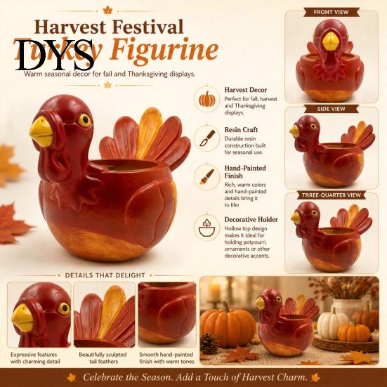 Holiday Party Table Accents Hand-painted Resin Turkey Ornament for Thanksgiving, Autumn Harvest Desktop Storage Flower Pots Indoor Plants Organizer,