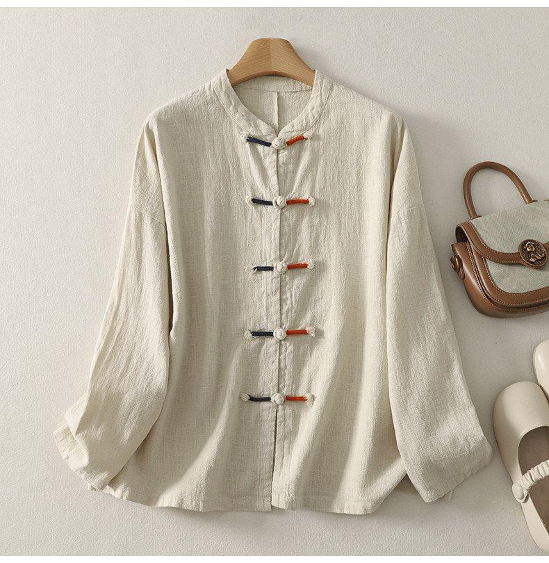 Women's Casual Loose-Fit Cotton Linen Long Sleeve Shirt with Stand Collar & Frog Buttons - New Chinese Style