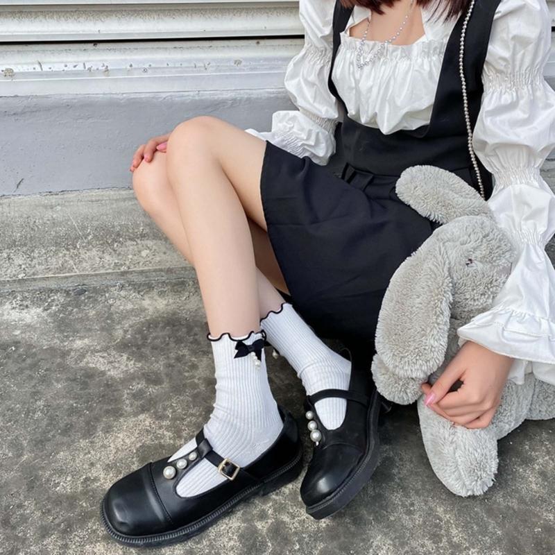 Fashion Harajuku Middle Tube Frilly Socks Women Girls School Student Cute Pearls Bowknot Ruffke Trim Cotton Ankle Socks