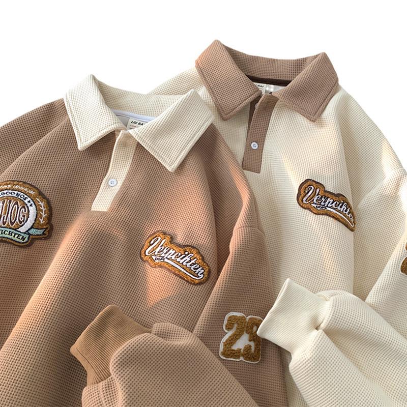 Męska bluza polo waflowa: Modny Haftowany Kołnierz, Styl Retro Amerykański, Ciężka Kurtka z Długim Rękawem na Wiosnę i Jesień