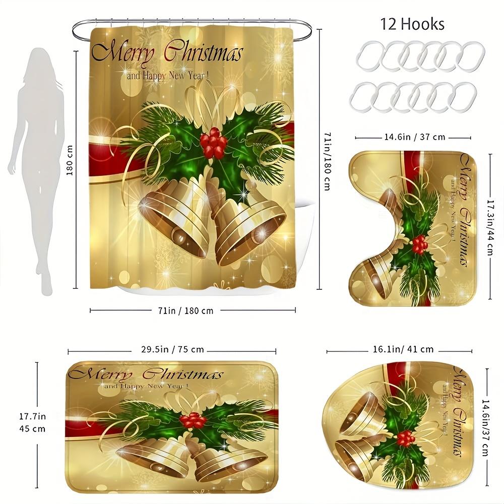 4Pcs Bathroom Shower Curtain Set Golden Christmas Bell Pattern Bathroom Curtain With 12 Hooks Non Slip Rugs Toilet Cover Mat Bathroom Partition