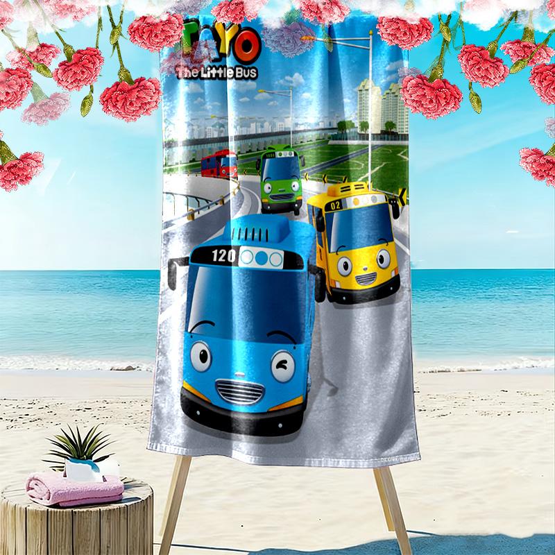 Serviette de Plage Imprimée Tayo le Petit Bus, Grande Serviette Douce à Séchage Rapide pour Plage Camping Natation