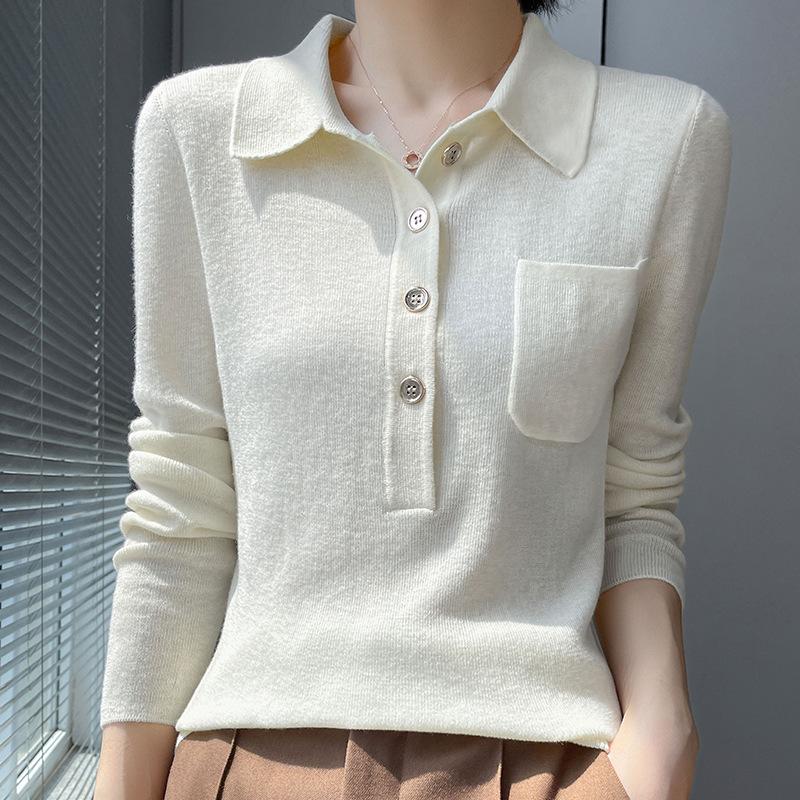 Women's Slimming Knit Wool Polo Collar Top with Pockets - Spring Style