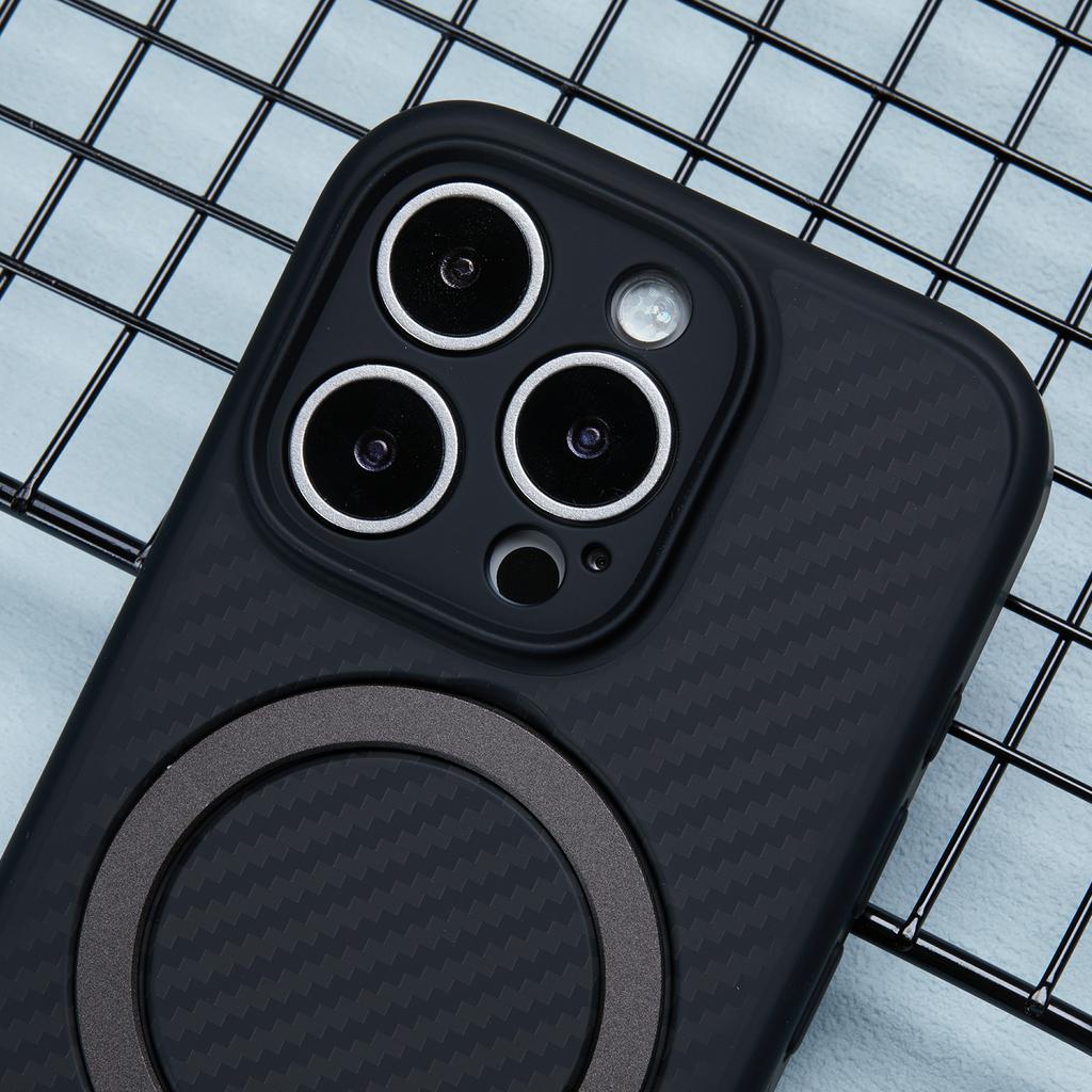 For iPhone 16 Pro Case Carbon Fiber Texture TPU+PC Phone Cover with Rotatable Magnetic Kickstand