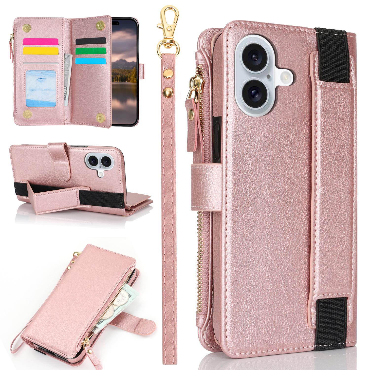 

XL-001 For iPhone 16 Case Zipper Pocket Wristband Stand Leather Phone Cover E