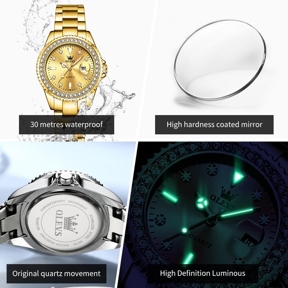 OLEVS Original Elegant Quartz Watch Waterproof Stainless Steel Womens WatchDate Ladies Watch Bracelet Set Box Gifts 9945