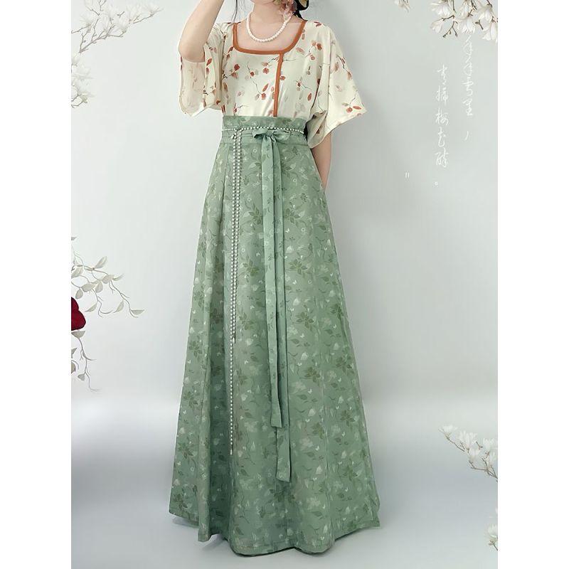 Chinese Song Dynasty Style Hanfu For Women, Printed Improved Crew Neck Shirt And One-piece Skirt Daily Suit