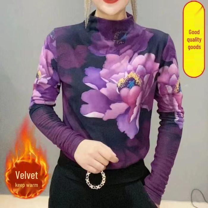 Women's Purple Peony Fleece-Lined Mesh Slimming Long Sleeve Top for Autumn and Winter