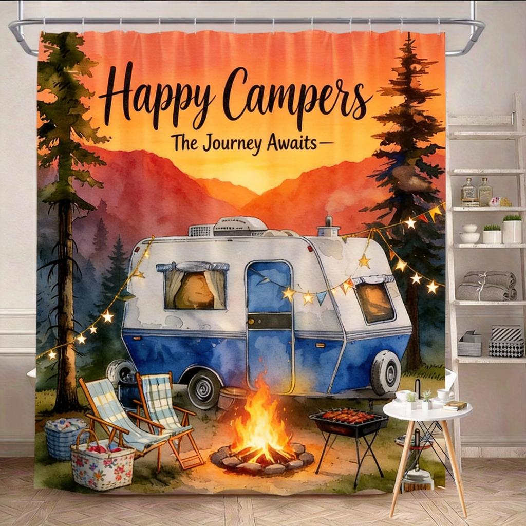 Vintage Camper Shower Curtain 180x180cm – Happy Campers, Machine Washable, 12 Hooks Bath decorative shower curtain