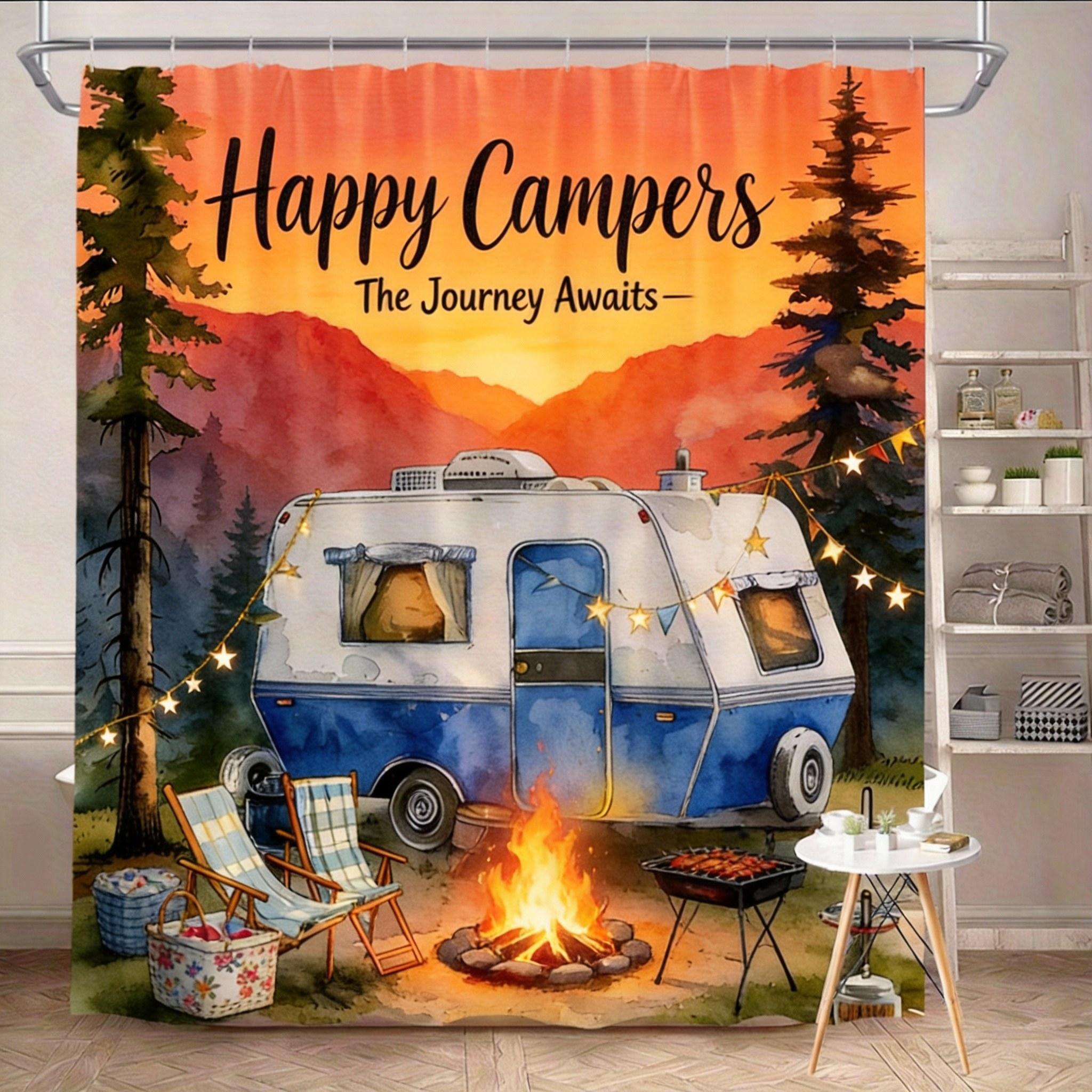 

Vintage Camper Shower Curtain 180x180cm – Happy Campers, Machine Washable, 12 Hooks Bath decorative shower curtain 90X180cm(35x70in)