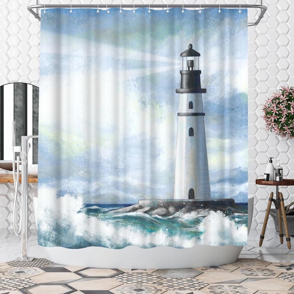 Nautical Lighthouse Shower Curtain Beach Coastal Sunset Sail Boat Retro Scenery Bathroom Decor Bath Curtain With Hooks