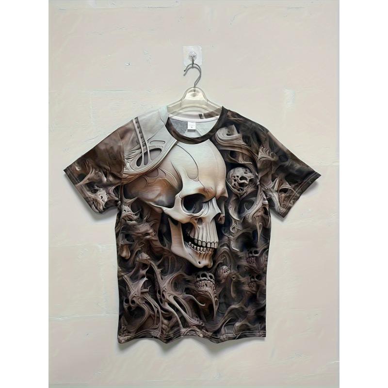Cool Realistic Bone Structure Design Men's Tee Short Sleeve Round Neck Casual Summer Top Unique Gothic Style Clothing For Bikers