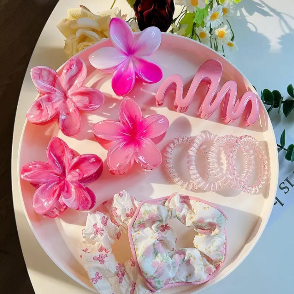 11pcs/Set Plumeria Hawaiian Hair Clamps Set Elastic Ponytail Holder New Hair Rope  Hair Styling