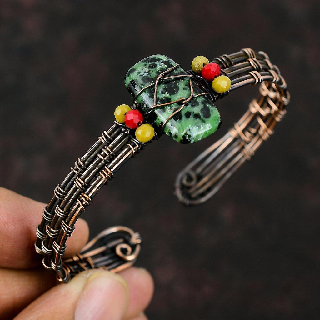 Ruby Zoisite Copper Cuff Bracelet Yellow & Red Coral Beads Bangle Copper Wire Wrapped Jewelry Adjustable Bracelet Gemstone Handmade Jewelry