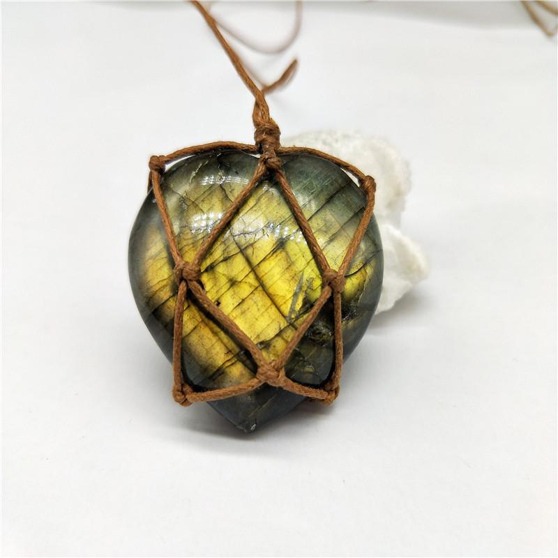 Labradorite Pendant Necklace Heart-Shaped Moonstone Pendant Vintage Hand-knitted Jewelry