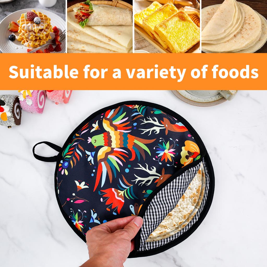 Portable 12 Inch Tortilla Warmer Bag Insulated Microwave-Safe Fabric Holder for Pizza Bread Double-Sided Tortilla Bag Warmer