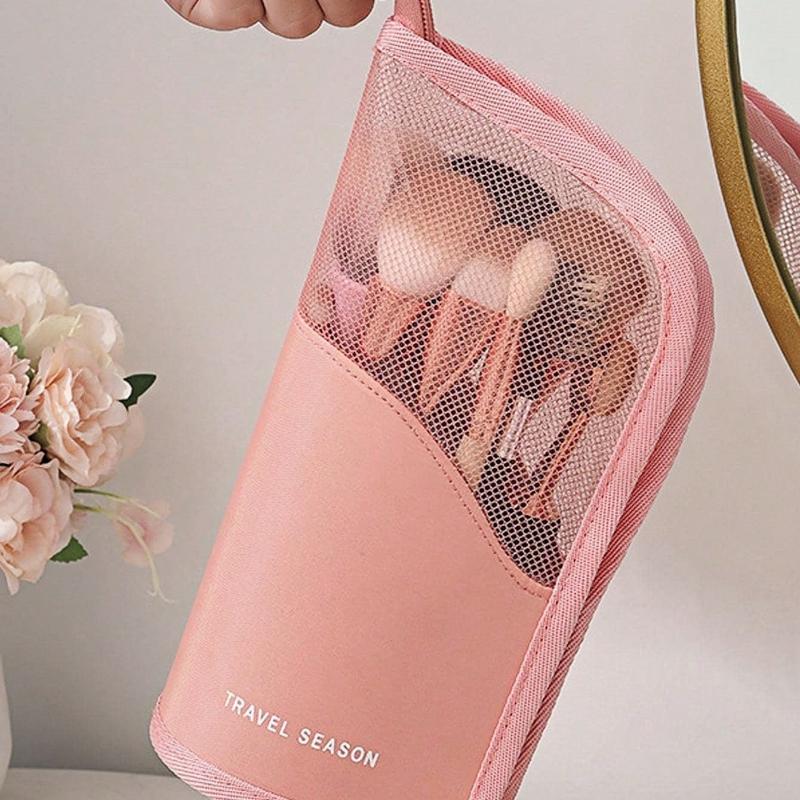 Pink Makeup Brush Case with Zipper,Transparent Pvc Waterproof Travel Makeup Brush Holder ,Portable Makeup Brush Bag, Professional Cosmetic Bag