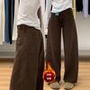 Women's High Waist Loose Fit Solid Color Wide Leg Jeans Warm Fleece Lined Straight Leg Denim Pants