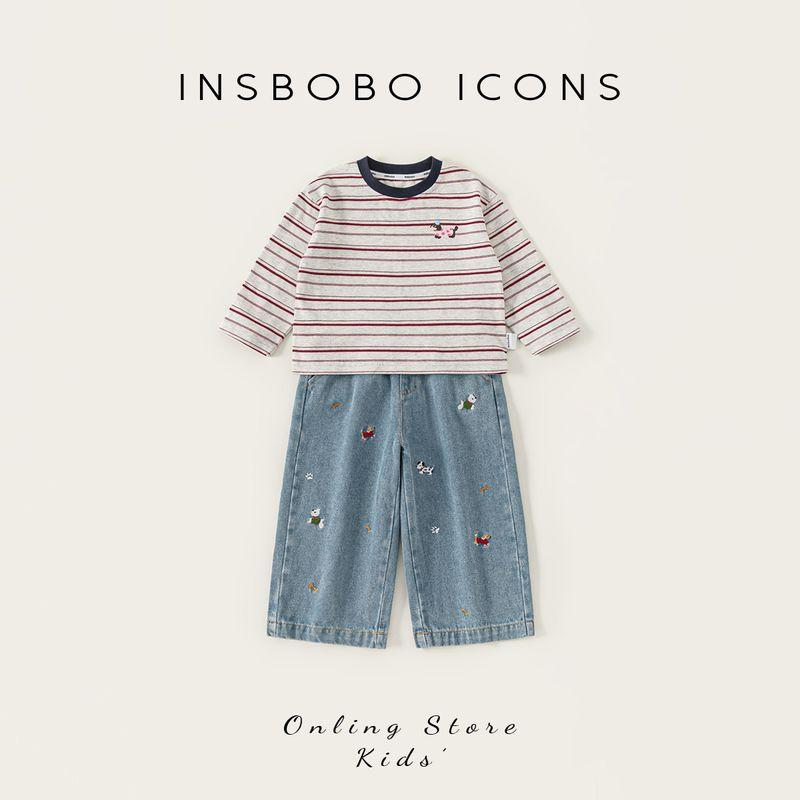 Insbobo Girls Suit Spring New 2026 Boys Stylish Sportswear Children s Spring and Autumn Fashionable Two-Piece Set Red Stripe 100