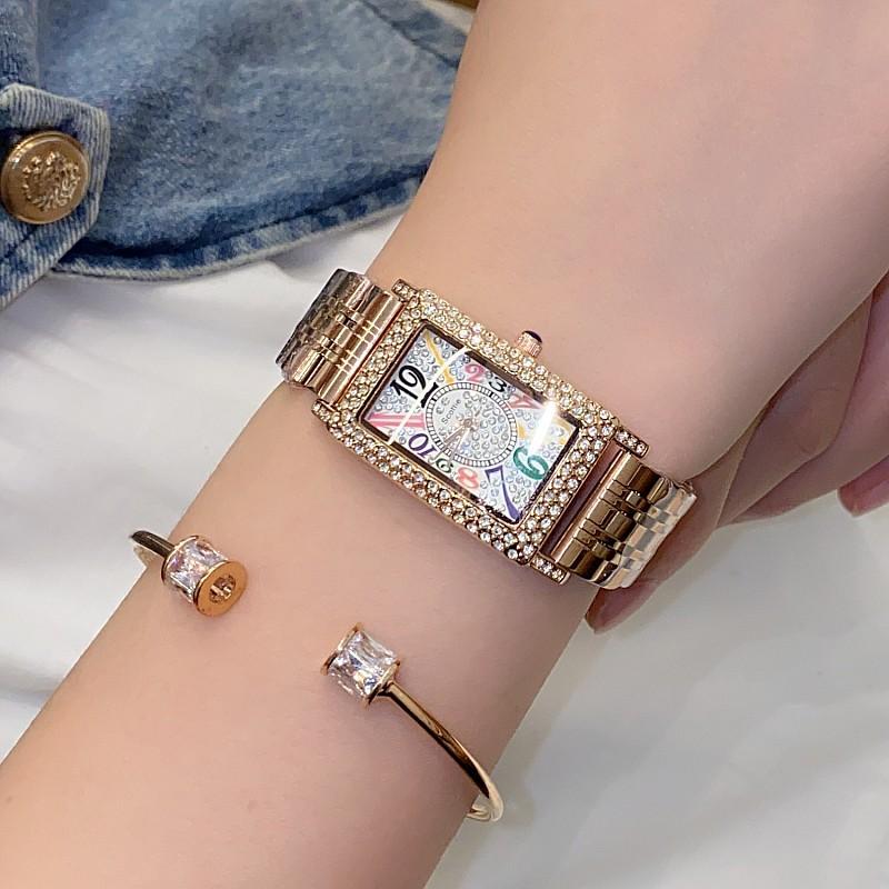 Square Diamond-Encrusted Watch Women'S Temperament Fashion Gypsy Star Color Word Small Dial Wind Leather Strap