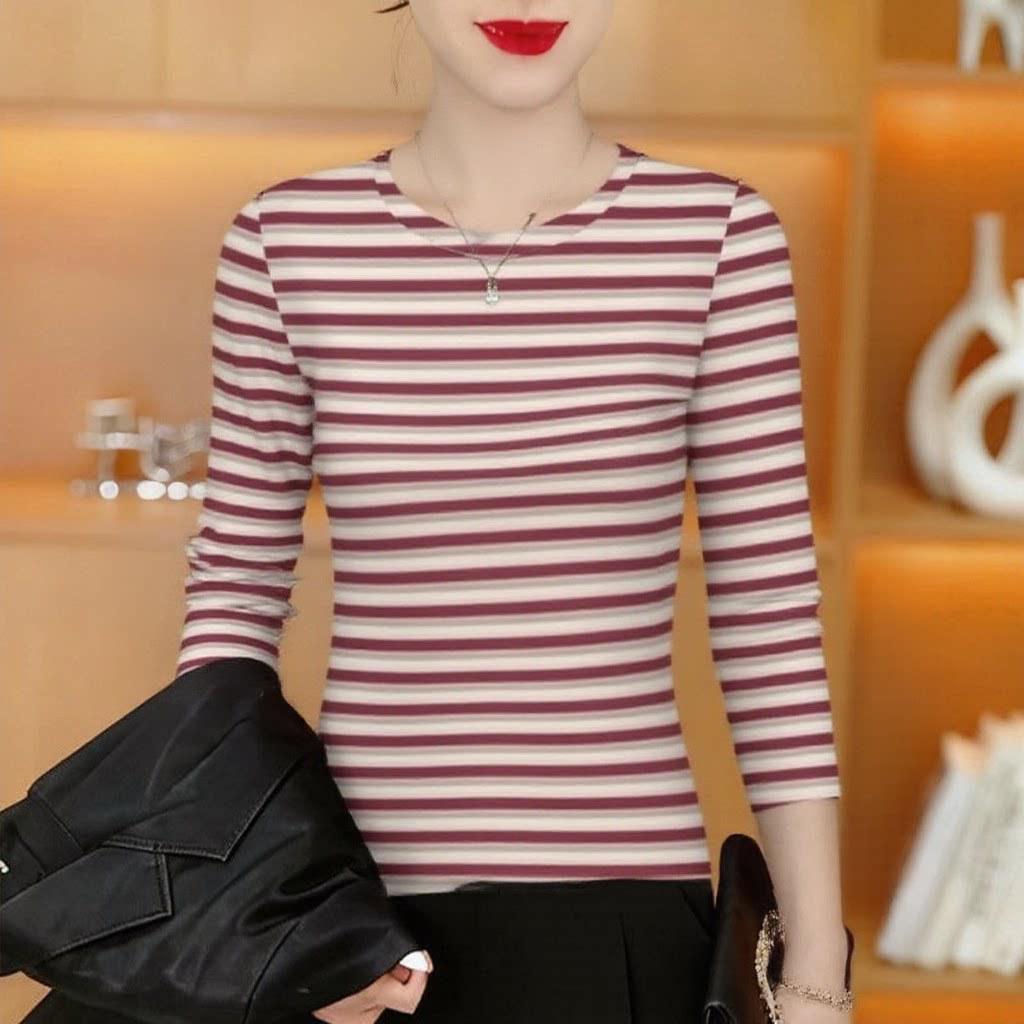 

Plus Size Striped Long-Sleeve T-Shirt for Middle-Aged Women, Loose Fit, Belly Concealing, Slimming Base Layer - Spring/Autumn M