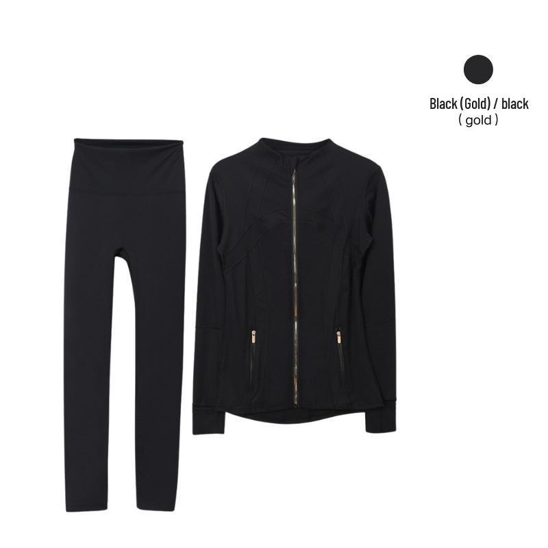 Lulu Original Gold Zipper Stand Collar Jacket & Cropped Yoga Pants Set - Women's Long Sleeve Tight Sports Suit
