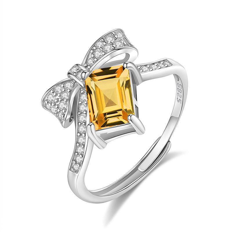 925 Sterling Silver Bowknot Crystal Ring, Adjustable Open Band with Natural Gemstone, Elegant Luxury Women's Jewelry, Perfect Gift