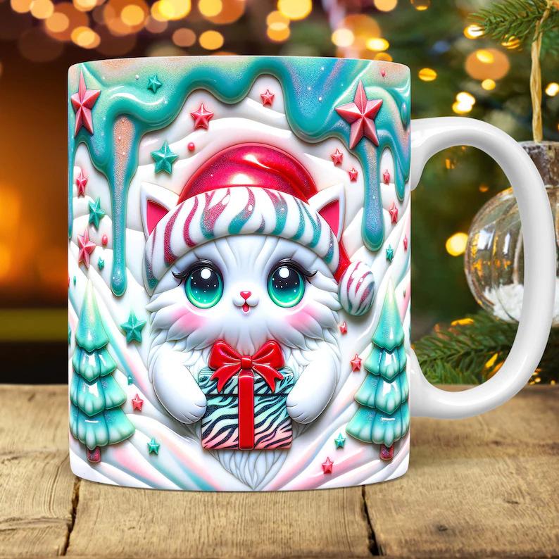 3D Schwarze Katze Schwarze Katze Keramik Kaffee Tasse Highland Rind Weihnachtsmütze Kuh