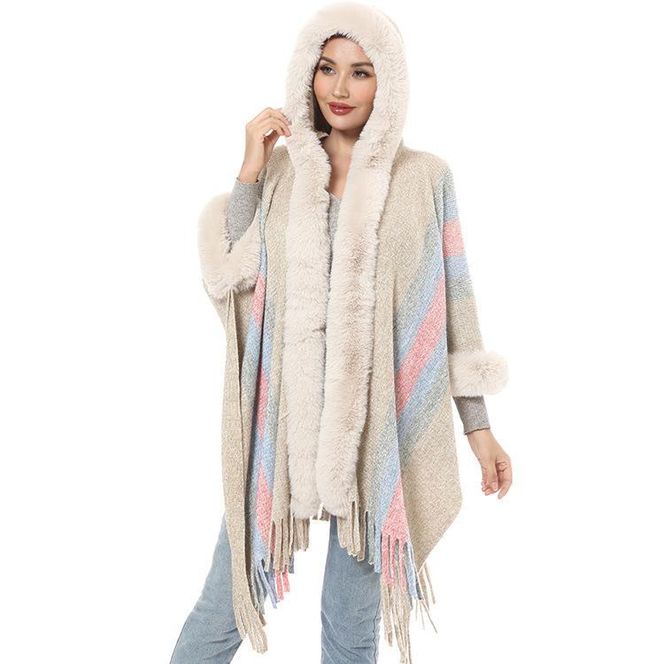 Hooded Rabbit Fur Collar Shawl Cape Plus Size Knitted Hooded Cardigan Loose Coat