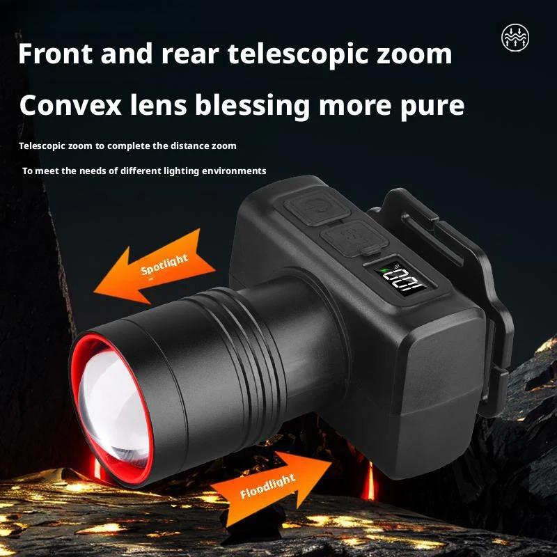 High Brightness LED Headlight with Digital Zoom Outdoor Strong Light Charging Headlight Long Endurance for Camping And Hiking