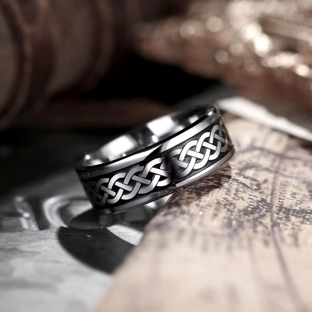 Stainless Steel Wedding Band for Men - 8mm Black Silver Color High Polished Inlay Celtic knot Ring for Everyday Wear Jewelry