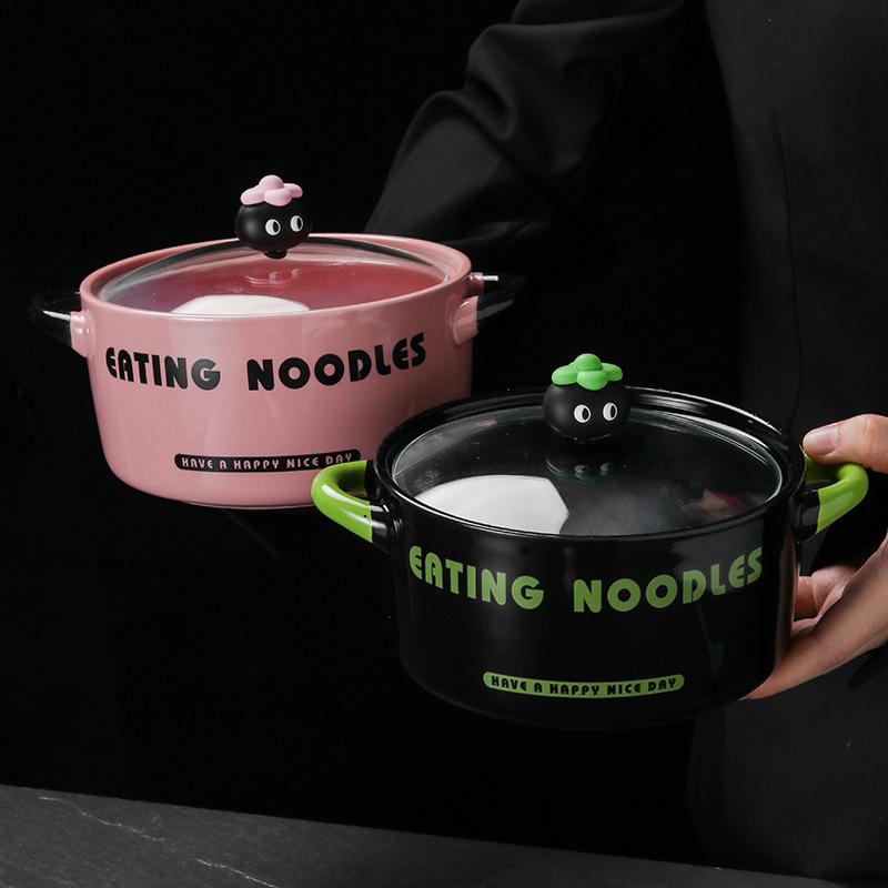 High-value Cute Instant Noodle Bowl with Lid 2024 New Household Binaural Ceramic Soup Bowl Student Dormitory Snail Powder Bowl