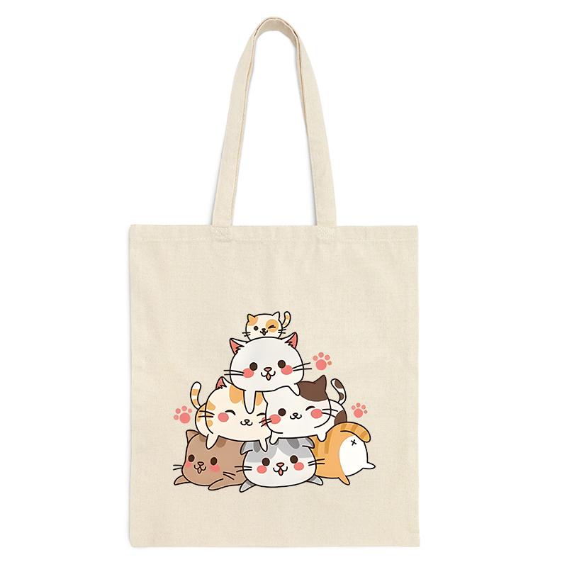 Funny Anime Cat Graphics Women Canvas Shoulder Bag Cartoon Animal and Plant Shopping Bag Kitten Lover Female Reusable Handbags