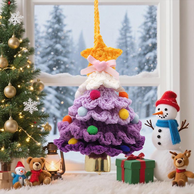 Fluffy Knitted Crochet Christmas Tree Pendant with Jingle Bell for Xmas Stocking Stuffer Home Holiday Party Decor