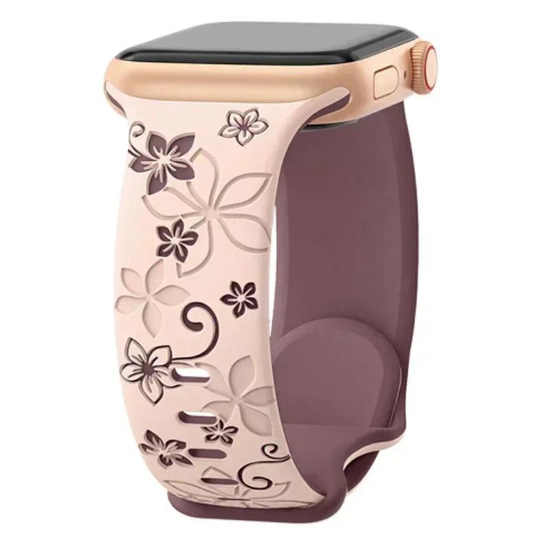 3D Floral Engraved Silicone Sport Strap Band For Apple Watch Ultra 2 49mm S10 11 42 46mm 44 45 41 38 40mm iWatch SE 9 8 7 6 5 3