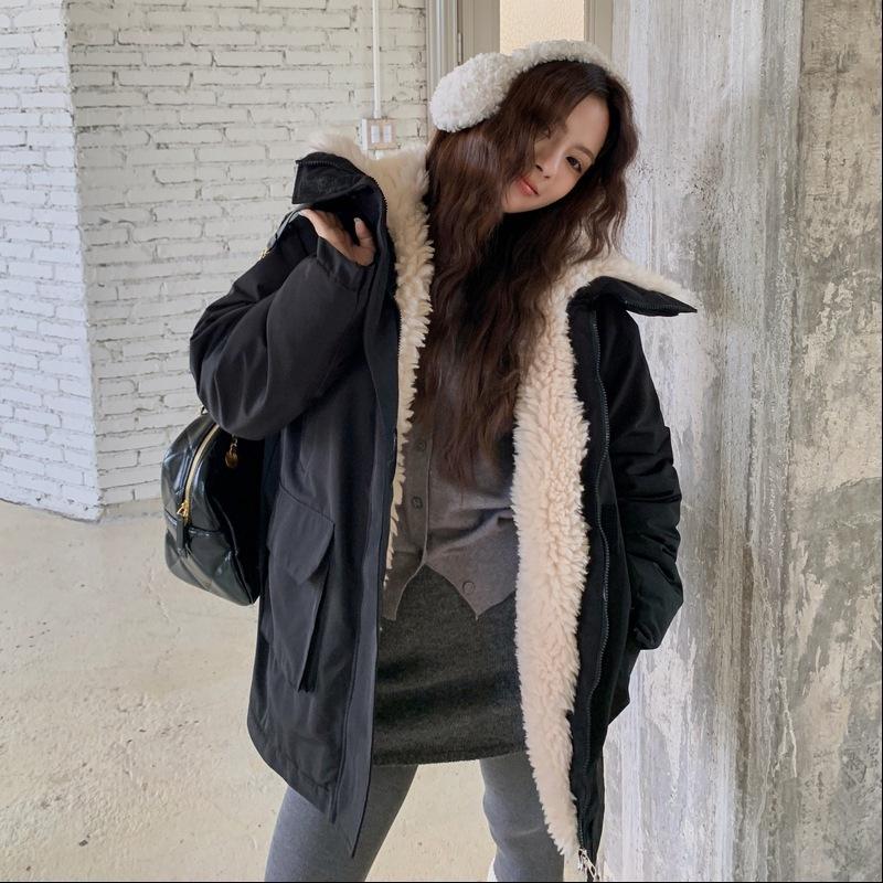 Army green lamb wool cotton-padded clothes women's medium and long winter wind jacket jacket velvet cotton-padded clothes