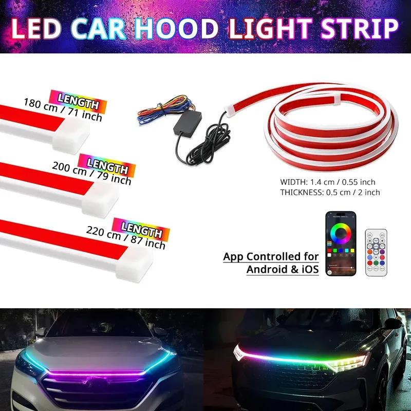 APP Control RGB Car Hood Light Strip Multi Color LED Engine Bay Accent Lighting Ambient Exterior Decoration Trunks SUVs Pickup