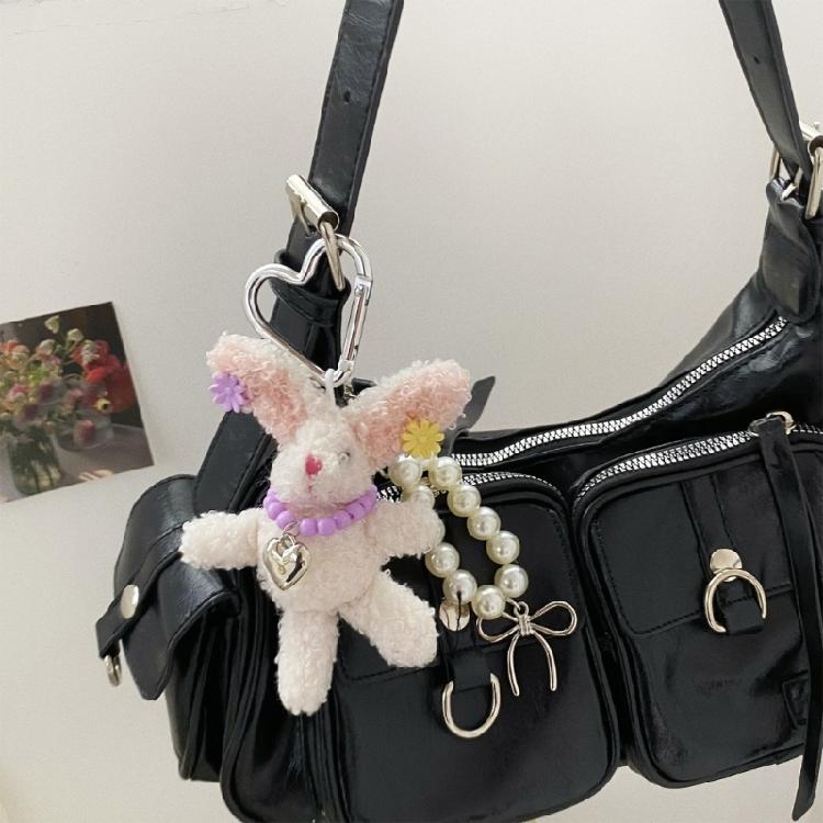 Delicate Rabbit Phone Charm PP Cotton Keychain Pearls Hair Clip Lovely Rabbit Stuffed Keyring Gift For Students