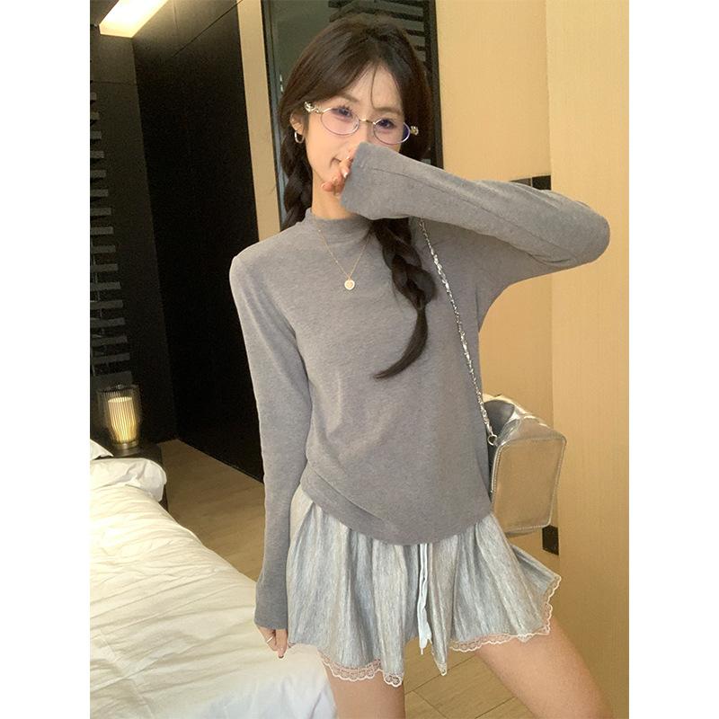 White Basic Brushed Thickened Half-high Collar Long-sleeved Bottoming Shirt for Women In Autumn and Winter, Slim-fitting Top for Small People